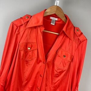 Cache Orange Satin Shirt Top Y2K Womens L Snap Front Glam Statement Piece